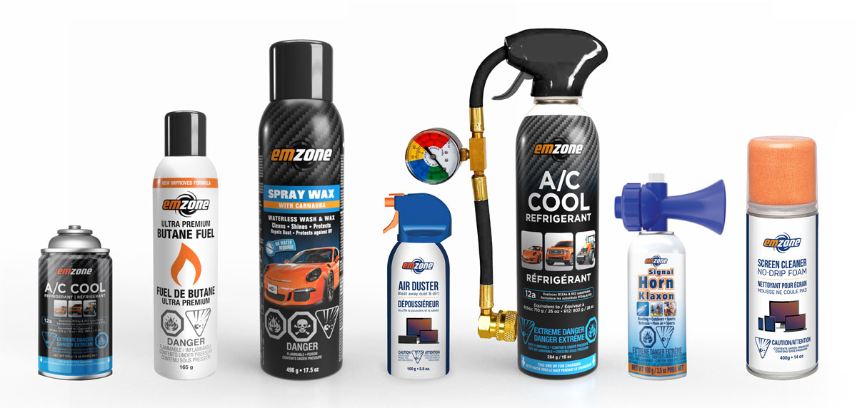 Emzone automotive chemical products including Brake Cleaners, Penetrating Lubricants, and Refrigerant Refills,