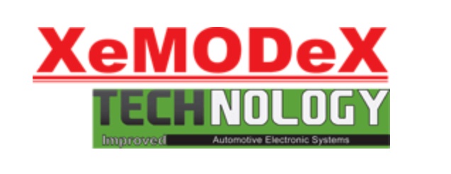 XeMODeX Logo XeMODeX logo - bold red letters on white background with technology subtext in black and white on green background