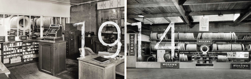 NOCO Since 1914 1914 vintage auto parts store and tire shop in black and white