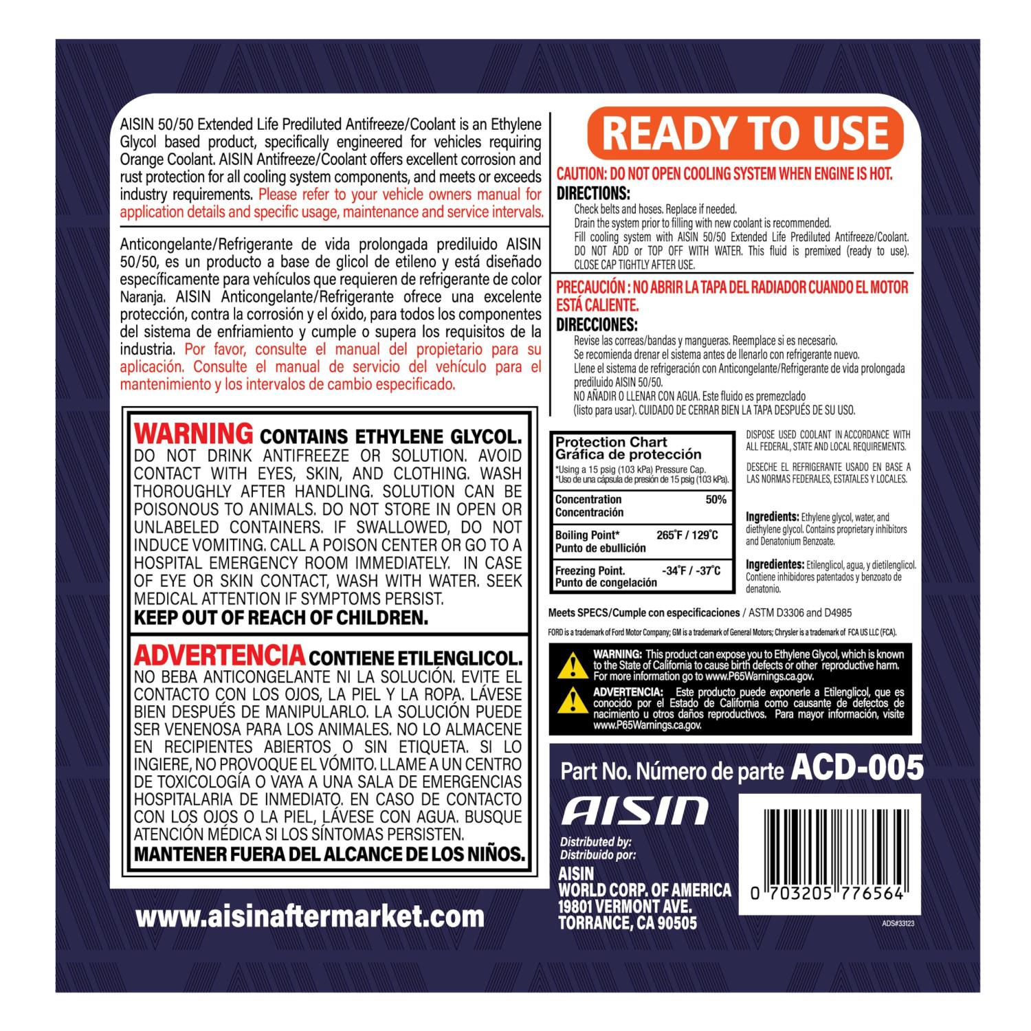 AISIN ACD005 - Engine Coolant / Antifreeze AISIN ACD005 Antifreeze Coolant product image 2 of 2