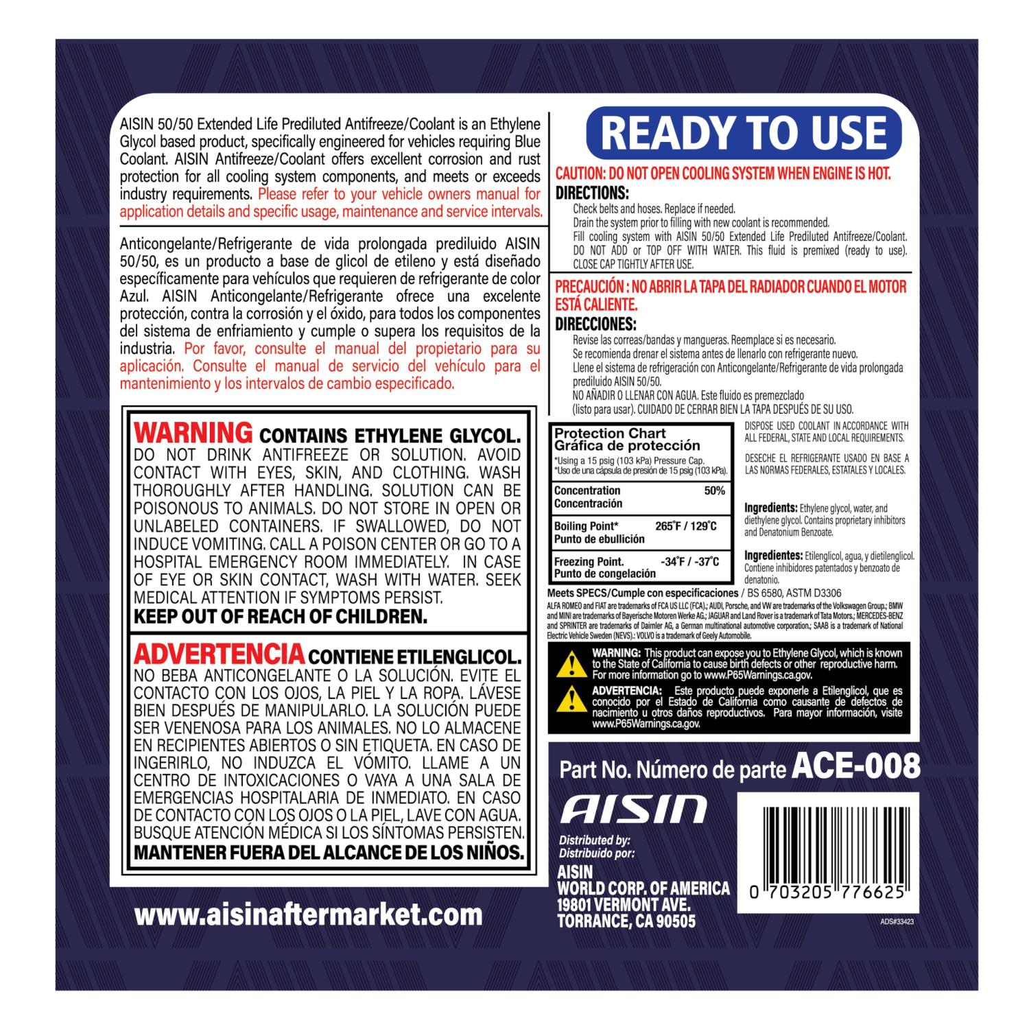 AISIN ACE008 - Engine Coolant / Antifreeze AISIN ACE008 Antifreeze Coolant product image 2 of 2