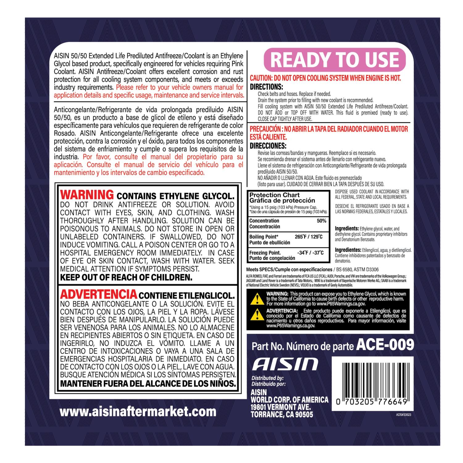 AISIN ACE009 - Engine Coolant / Antifreeze AISIN ACE009 Antifreeze Coolant product image 2 of 2