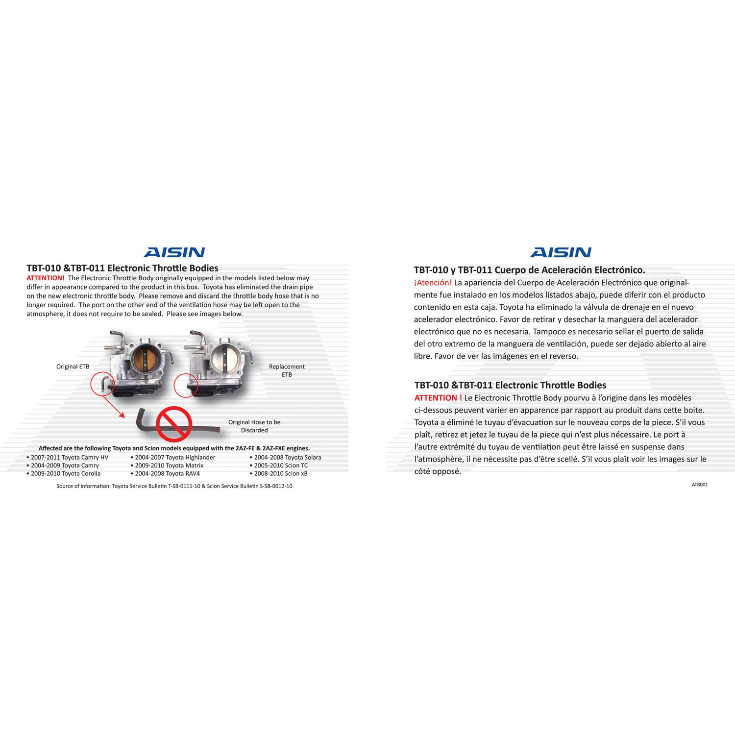 AISIN TBT010 - Fuel Injection Throttle Body AISIN TBT010 Fuel Injection Throttle Body product image 2 of 5
