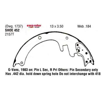 2003 Workhorse FasTrack FT1601 Drum Brake Shoe Rear Eurorotor 452R image 1 of 1