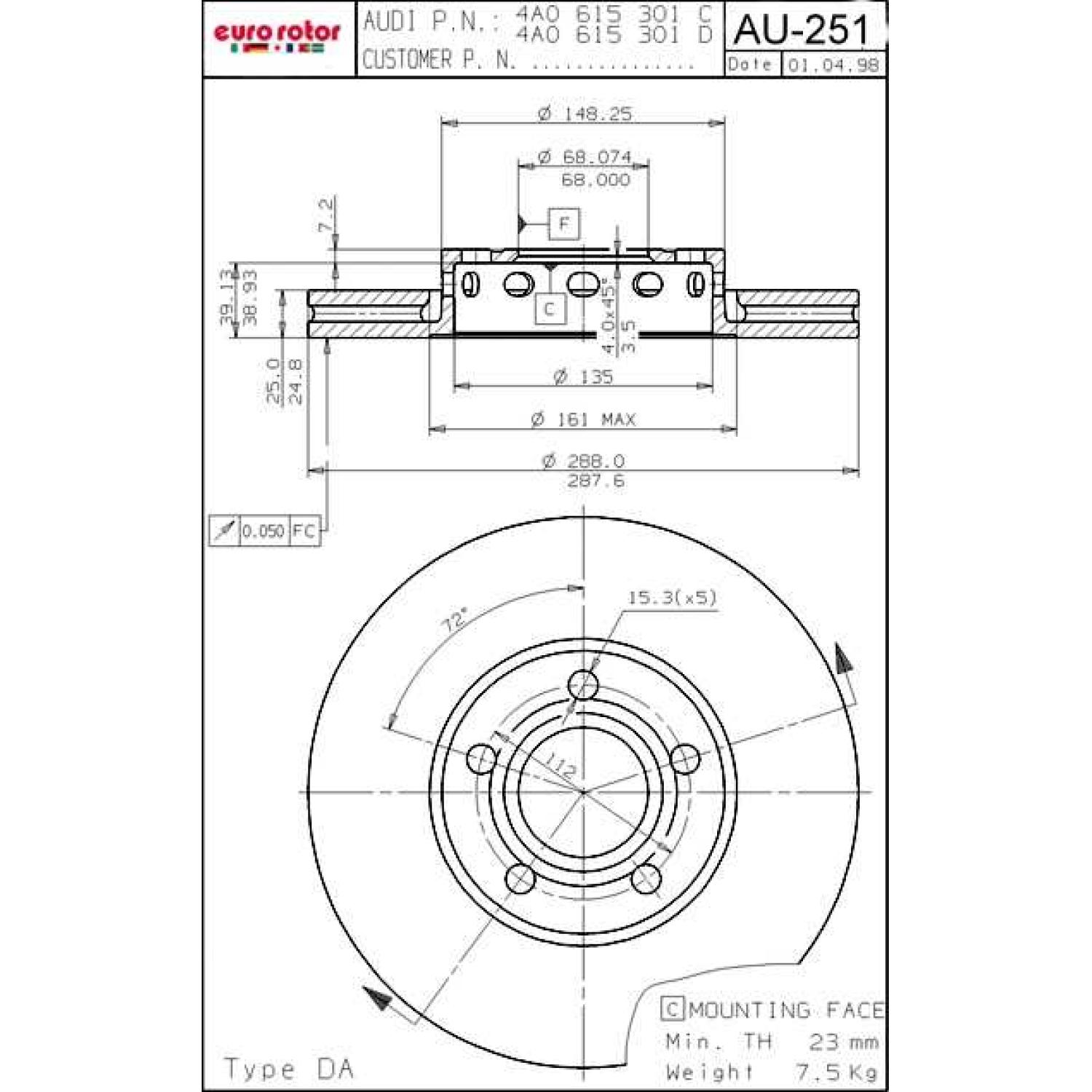 Eurorotor AU251 Disc Brake Rotor product image 1 of 1