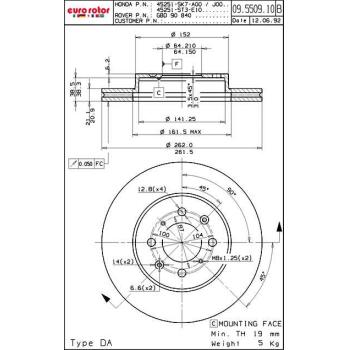 2001 Acura Integra Disc Brake Rotor Front Eurorotor HO556 image 1 of 1
