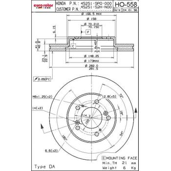 2001 Acura Integra Disc Brake Rotor Front Eurorotor HO558 image 1 of 1