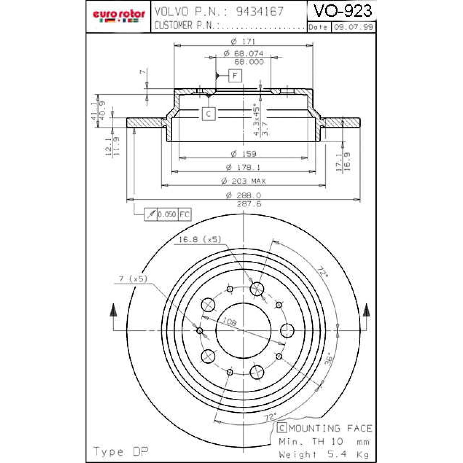 Eurorotor VO923 - Disc Brake Rotor Eurorotor VO923 Disc Brake Rotor product image 1 of 1